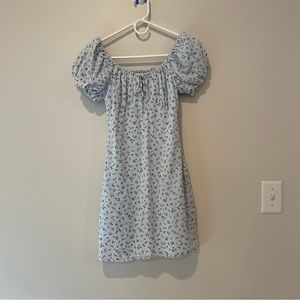 Blue Puff-Sleeve Bodycon Mini Floral Dress